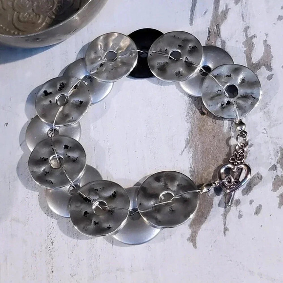 Mid Century Modern Style Handcrafted Silver Black Satin Disc Beads Bracelet - Picture 3 of 8
